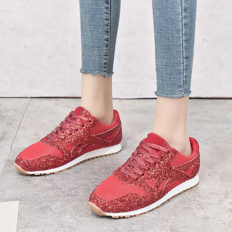 Sports Casual Shoes Women's New Lace-up Flat-soled Sequins Women's Shoes Large Size Women's Single Shoes