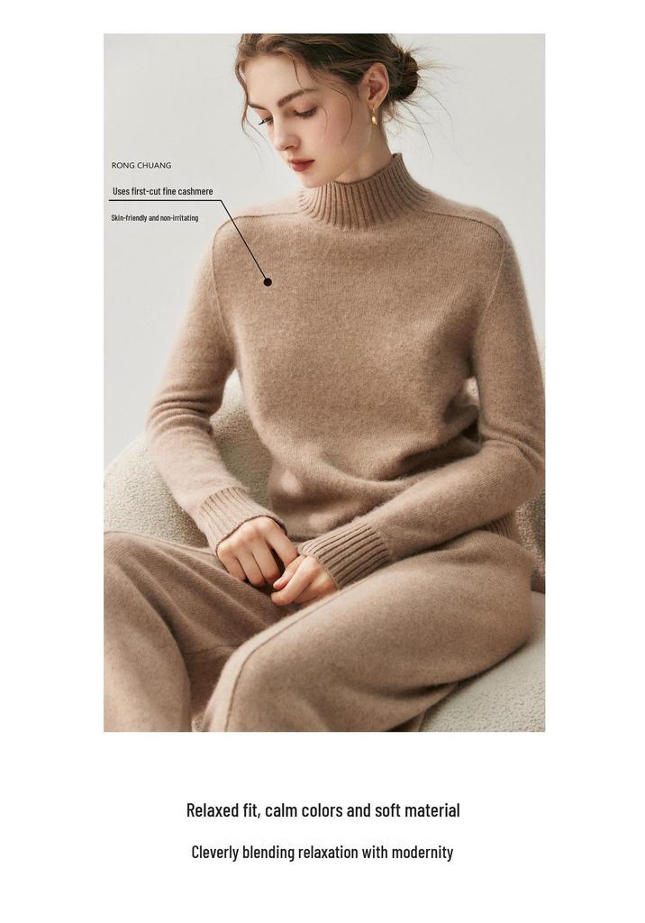 Que Fei Women's Classic Cashmere Half-High Collar Sweater - Soft, Thickened, Loose Knit Base Layer