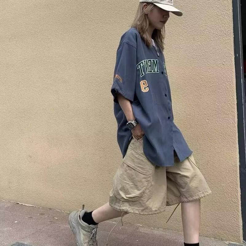 Men's Summer Loose-Fit Baseball Shirt, Short Sleeve, Stand Collar, Letter Embroidery.