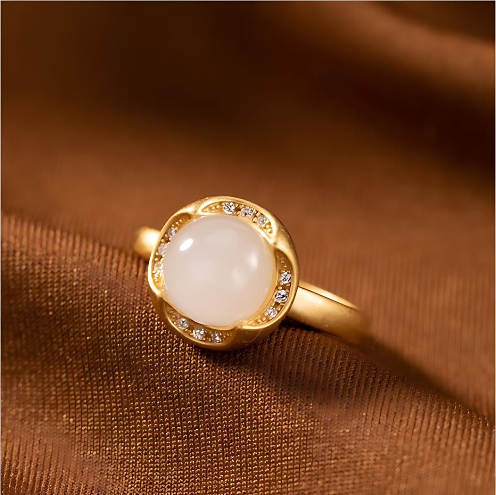 PANJBJ Anello Geometrico in Argento Sterling 925 con Giada di Hotan per Donna Ragazza Regolabile Gioielli Delicati Retrò Regalo di Compleanno Dropshipping