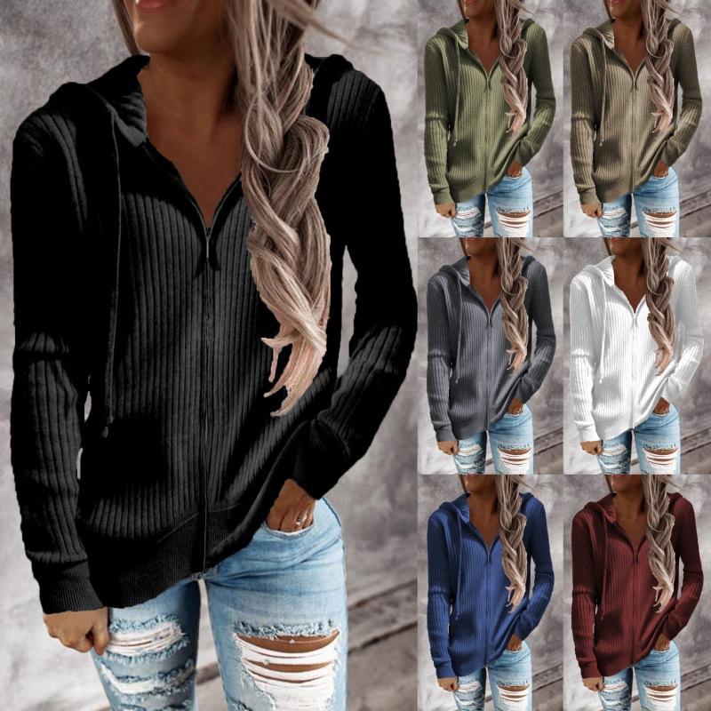 

Women s Autumn Sweatshirts Coats Casual Long Sleeve Jacquard Weave Hooded Tops Fashion Zipper Solid Sweatshirts Female XS білий