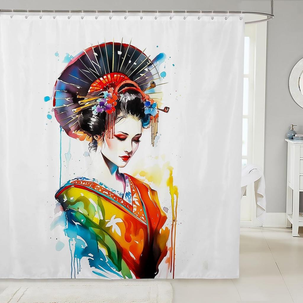 Boys Girls Japan Style Shower Curtain Japanese Geisha Bath Curtain Cherry Blossoms Bathroom Accessories Kids Teens