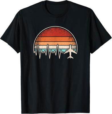 Airplane Heartbeat Pilot Aviation Retro Sunset Graphic Men's Cotton T-Shirt Casual Flying Tee