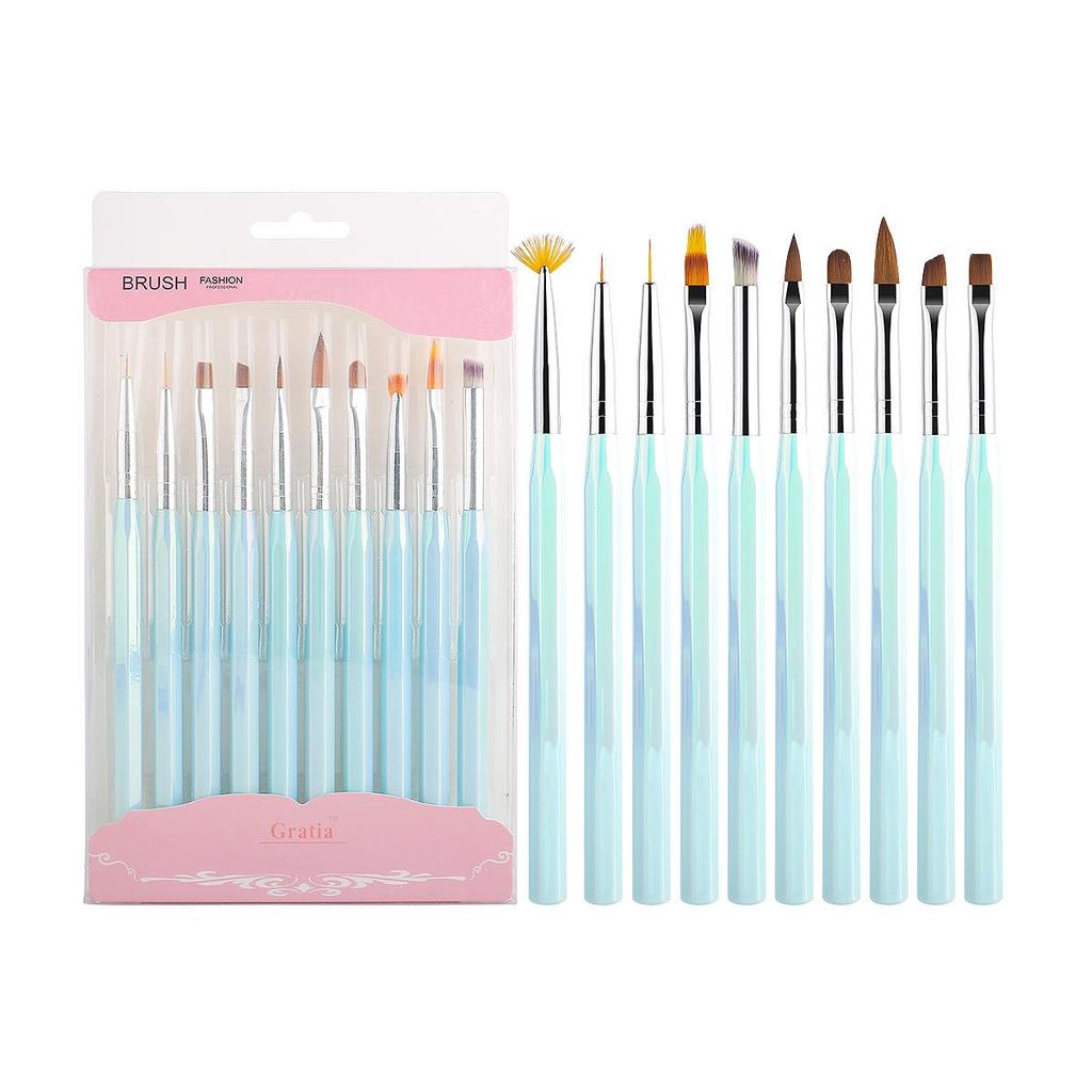 Laser Blue Hexagonal 10-Piece Nail Art Brush Set for Outlining, Lines, and Floral Designs