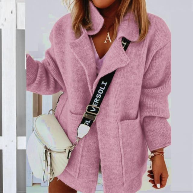 Kobiety Elegancki Sweter Dzianinowy w Jednolitym Kolorze 2021 Zima Jesień Długi Rękaw Grube Swetry Panie Wykładany Kołnierz Kardigan Top