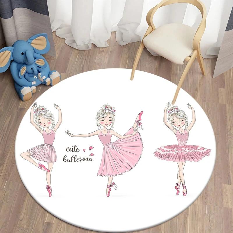 Ballet Dancer Girl Round Carpet Cute Cartoon Animal Fairy Print Area Rug For Bedroom Living Room Decor Non-Slip Play Floor Mat