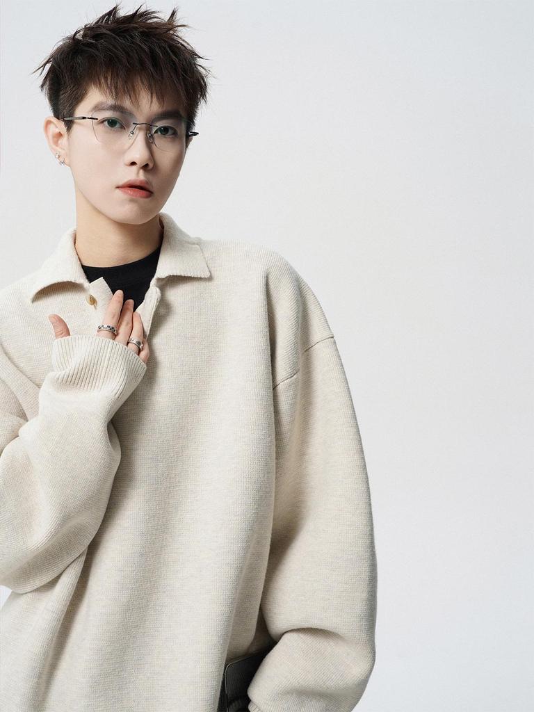 Men's Trendy High-End POLO Collar Sweater - Solid Color Knitwear for Spring & Autumn, Versatile American BF Couple Style