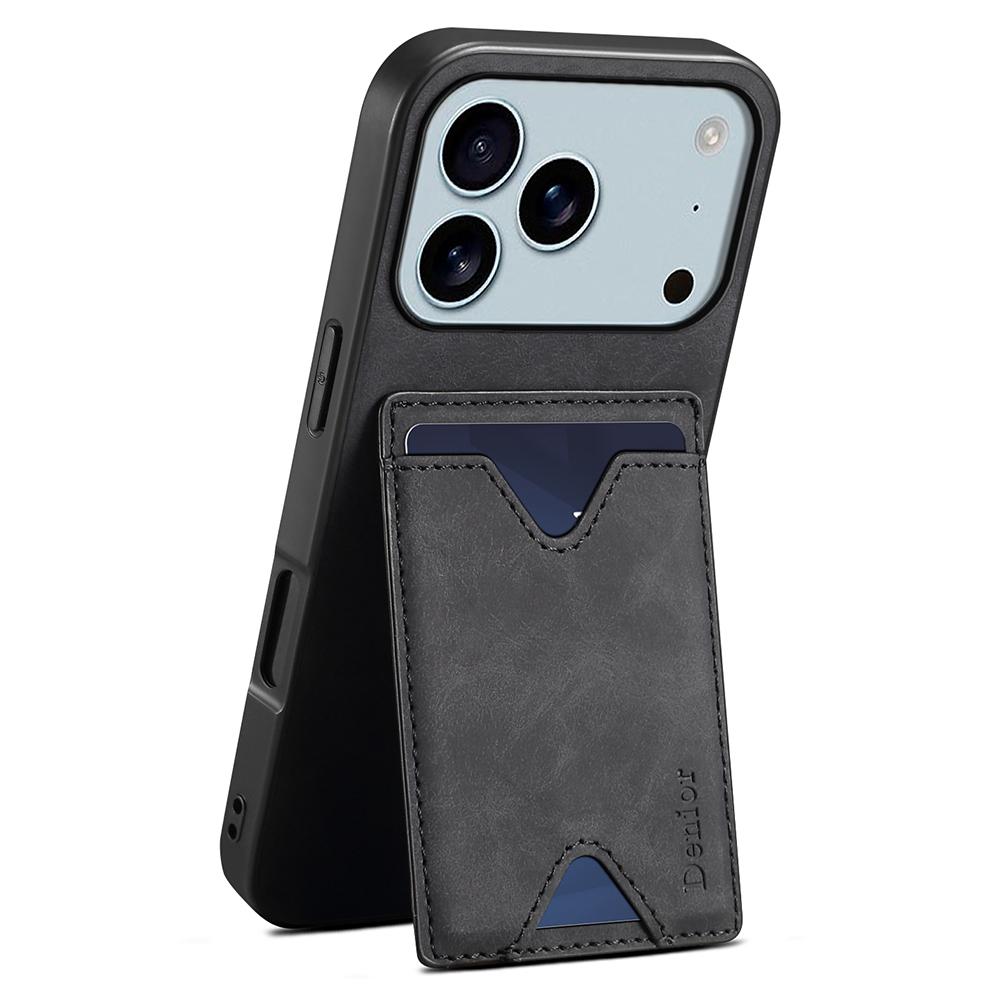 

DENIOR Чехол для iPhone 17 Pro Max с держателем для карт и подставкой, кожа+ПК+ТПУ, чехол для телефона Black