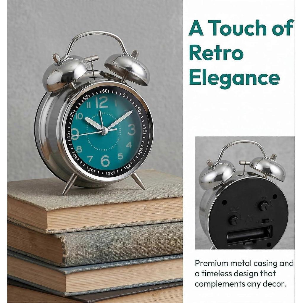 Retro Twin Bell Loud Alarm Clock for Heavy Sleepers, Silent Non-Ticking Analog