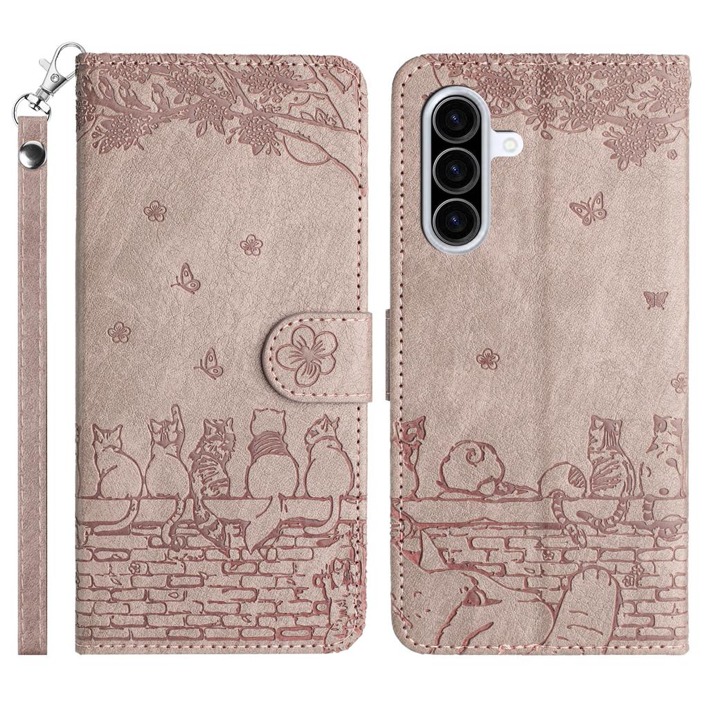 For Samsung Galaxy A57 5G Case with Wrist Strap Leather Phone Cover Wall Cats Pattern