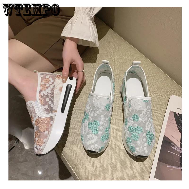 WTEMPO Big Size Womens Fashion Footwear Floral Embroidery Mesh Sneakers Ladies Slip on Comfy Heeled Shoes Wholesale Dropshipping