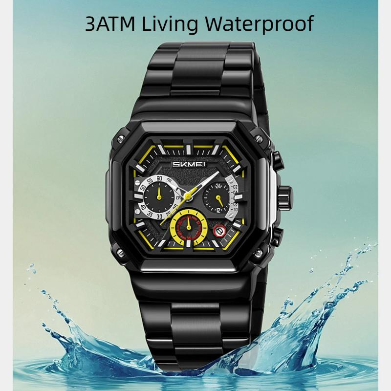 Skmei Luxury Stainless Steel Square Men Watch Chronograph Luminous Quartz Wristwatches Small Dial Work Male Waterproof Clock