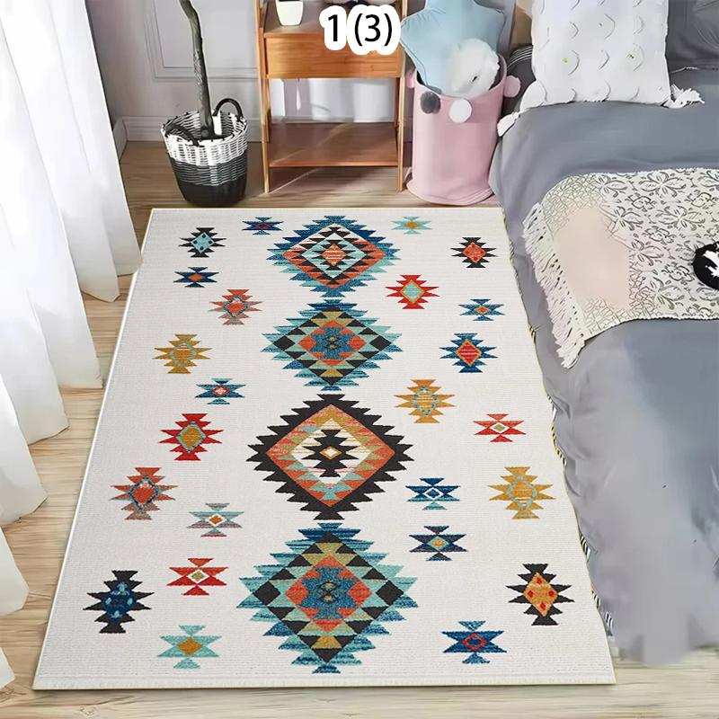 Ethnic Style Diamond Color Block Pattern Area Rug with Tassels Retro Fashion Non-Slip Floor Mat for Living Rooms Bedrooms