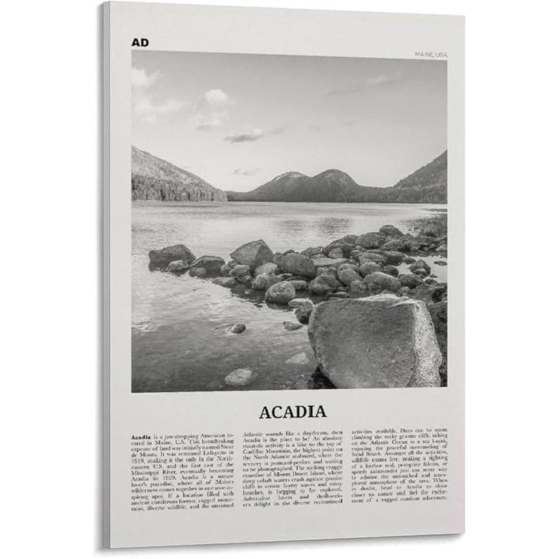 Национальный парк Акадия Печать Черно-белая, Настенное искусство Акадии, Постер Акадии, Фото Акадии, Мэн, США Холст Постер и Настенное искусство Картина Печать 12x18inch(30x45cm)