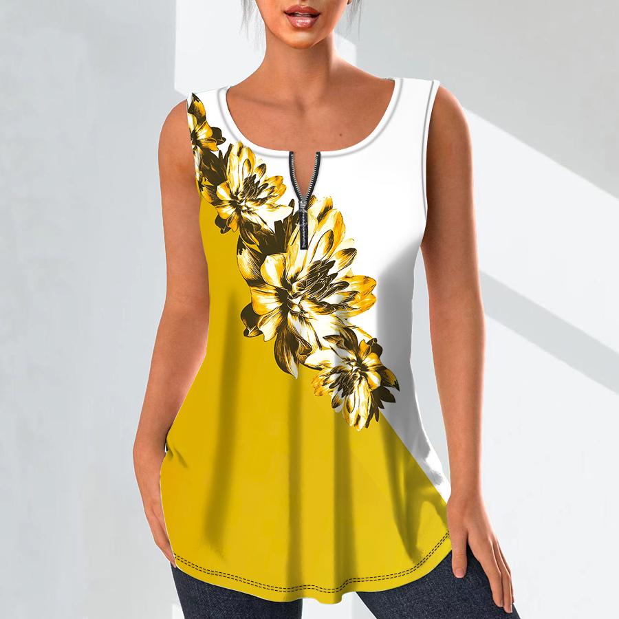 

Женская мода, рубашки с v-образным вырезом, повседневные топы, футболка, женский жилет с 3D цветочным принтом, блузка без рукавов больших размеров, топы на бретелях 8XL жёлтый
