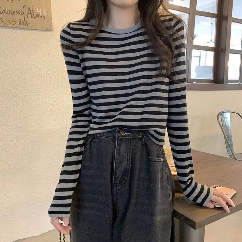 Versatile Round Neck Striped Slim Fit Short Long Sleeve Top Autumn Fashion Versatile Base Layer Women's