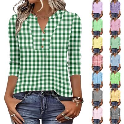 Women’s Fashion Loose Fit Three Quarter Sleeve Blouse Vertical Stripe Print V Neck Button Casual Top for Daily Wear