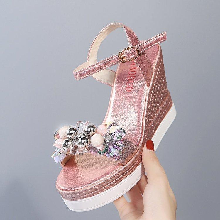 

Summer new rhinestone wedge heel cool slippers high heels women s shoes thick muffin bottom fish mouth sandals one word with student shoes 35 розовый