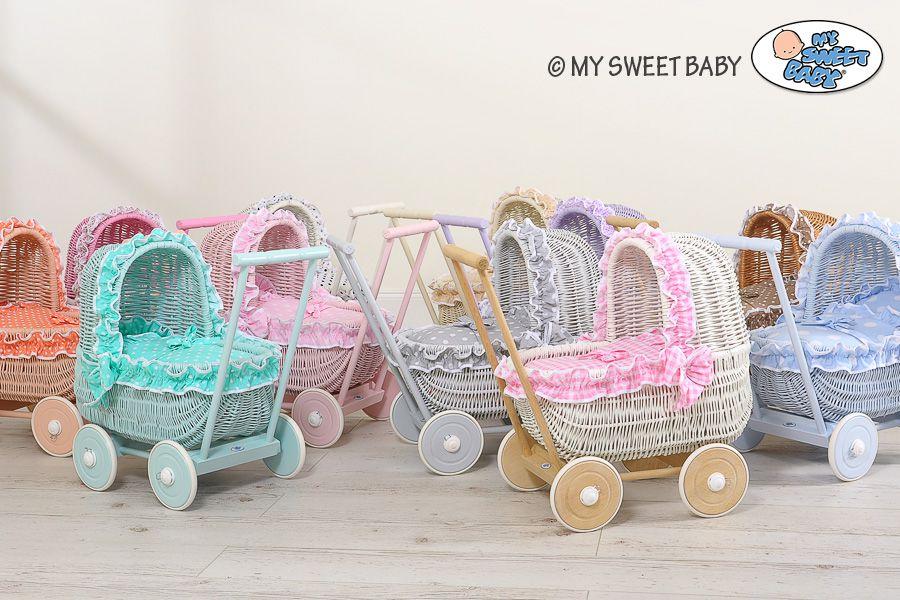 Wicker Doll Stroller with White Embroidered Bedding - Natural