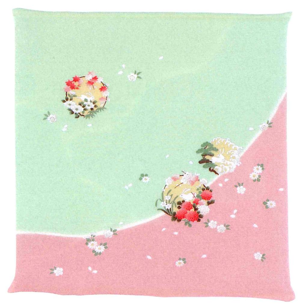 Musumi Furoshiki Approximately Pure Two 7 Rabbit In a Flower Made In Japan Furoshiki, 68cm, Silk, Crepe, Yuzen, Widths, No. (Boxed), Circle, Pink,