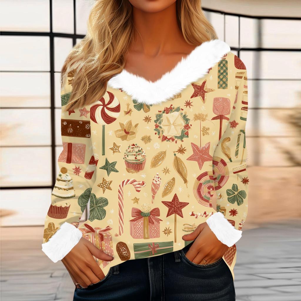 Women's Casual Fashion Long Sleeve Christmas Printed Flannel Collar Top