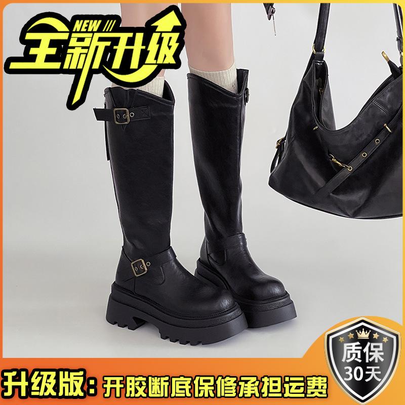 2025 autumn British style leather boots platform belt buckle knight boots women's fashion retro versatile but knee fashion boots