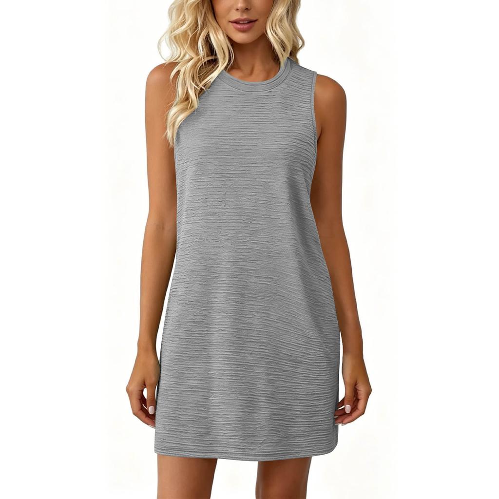 Sleeveless Casual Dress Women Summer Round Neck Solid Color Side Pocket Relaxed Fit Mini Dress