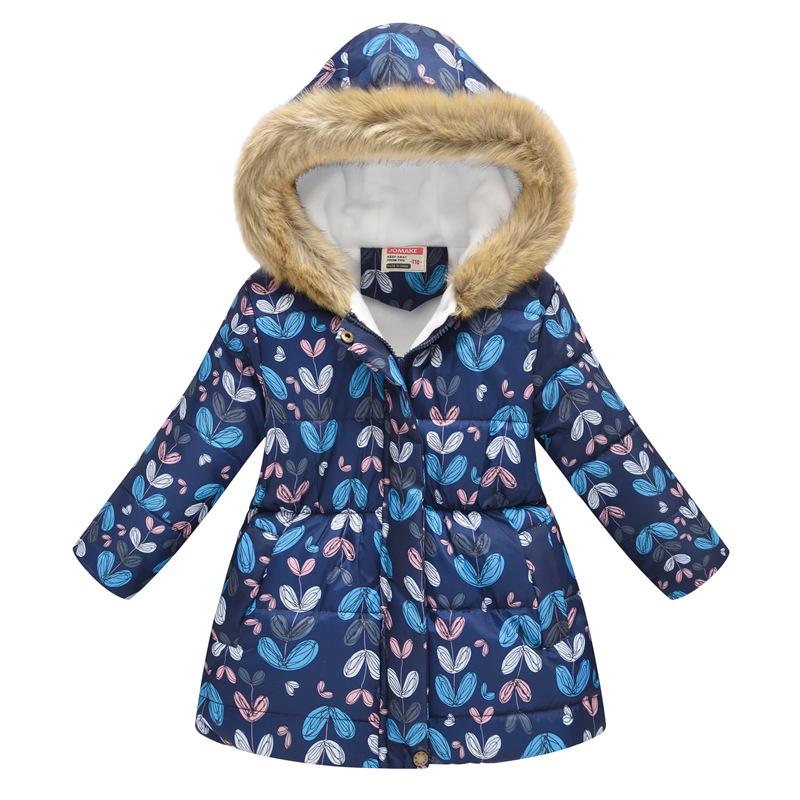 Autumn and Winter Children's Cotton Jacket Boys and Girls Fashion Printing Cartoon Big Boy Long Section Hair Collar Hooded Cotton Coat Jacket