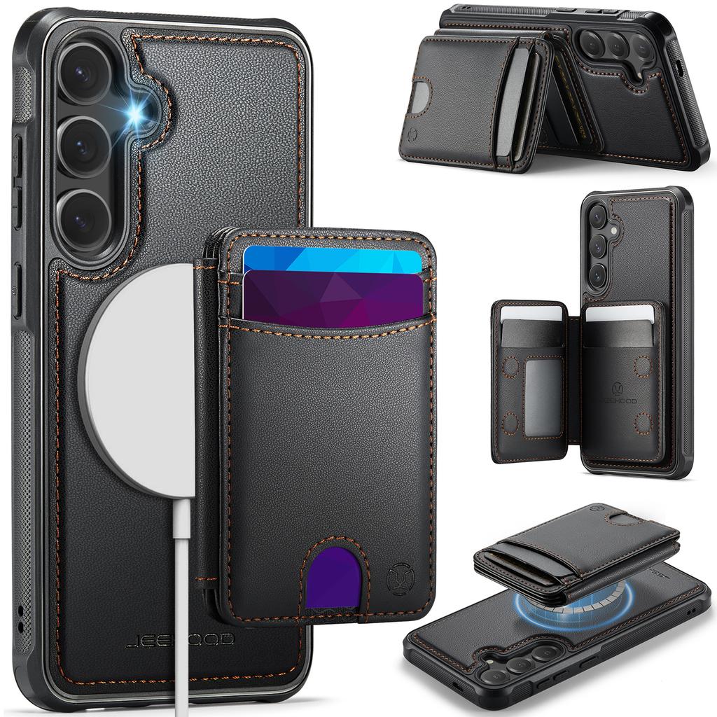 For Samsung Galaxy S26 Magnetic Case JEEHOOD J10 Leather Back Phone Cover with Detachable Card Holder Kickstand