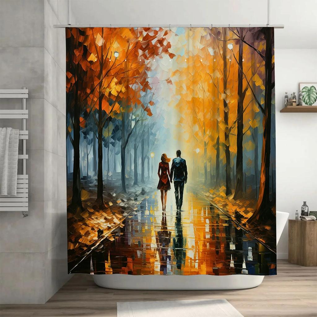 Romantisches Paar Hand in Hand im Herbst gehend, Wasserdichter Duschvorhang, Künstlerisches Design, Verleiht Ihrem Badezimmer-Deko Wärme