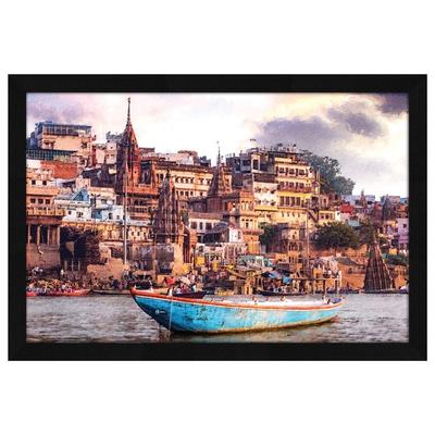 Popierinė Varanasi krantinės sienos meno tapyba, įrėminta tapyba daugiaspalvė, sintetinė mediena 12,5x18,5 colio