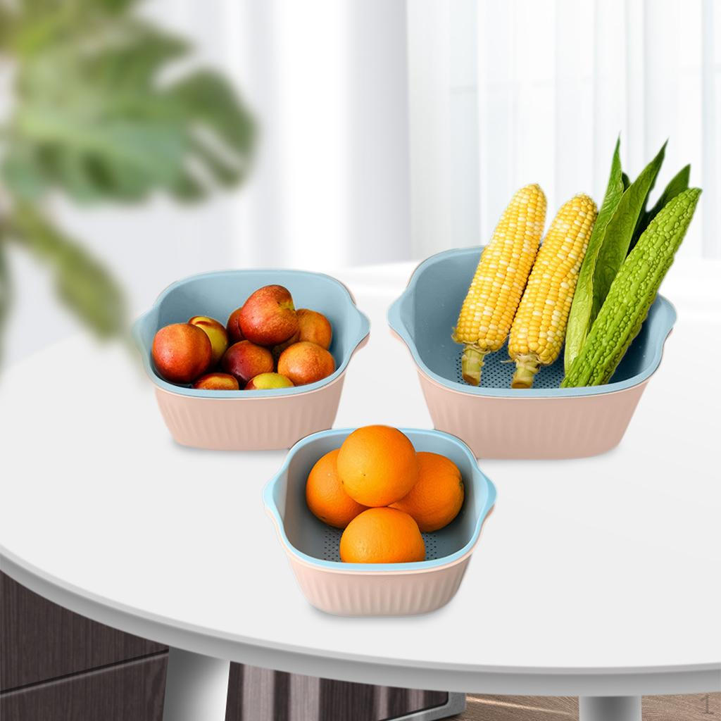 3Pcs Drain Basket Cleaning Plate Plastic Multifunction Strainer Double Layer Fruit Sink Pink Light Blue
