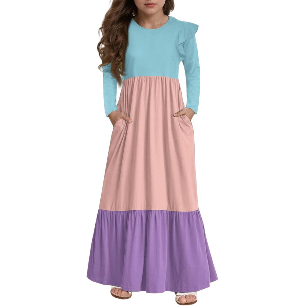 Girls' Tiered Ruffle Dress - Long Sleeve Printed Maxi With Pockets