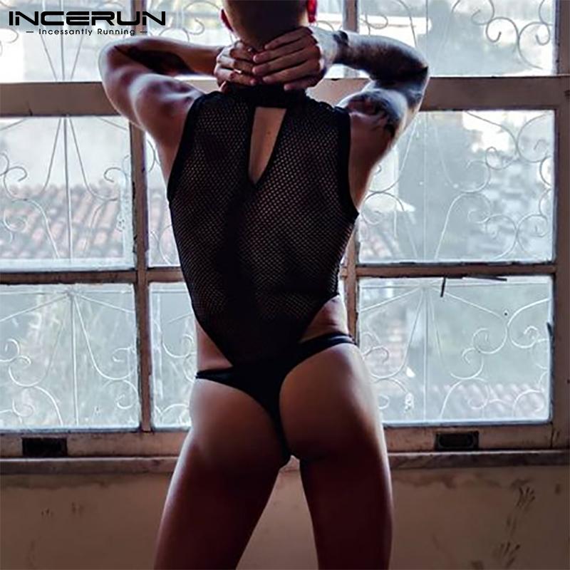 INCERUN Summer Sexy Gym Muscle Men's Fashion See Through Mesh Sleeveless Jumpsuit Singlet Panties Underwear Sweat Suit