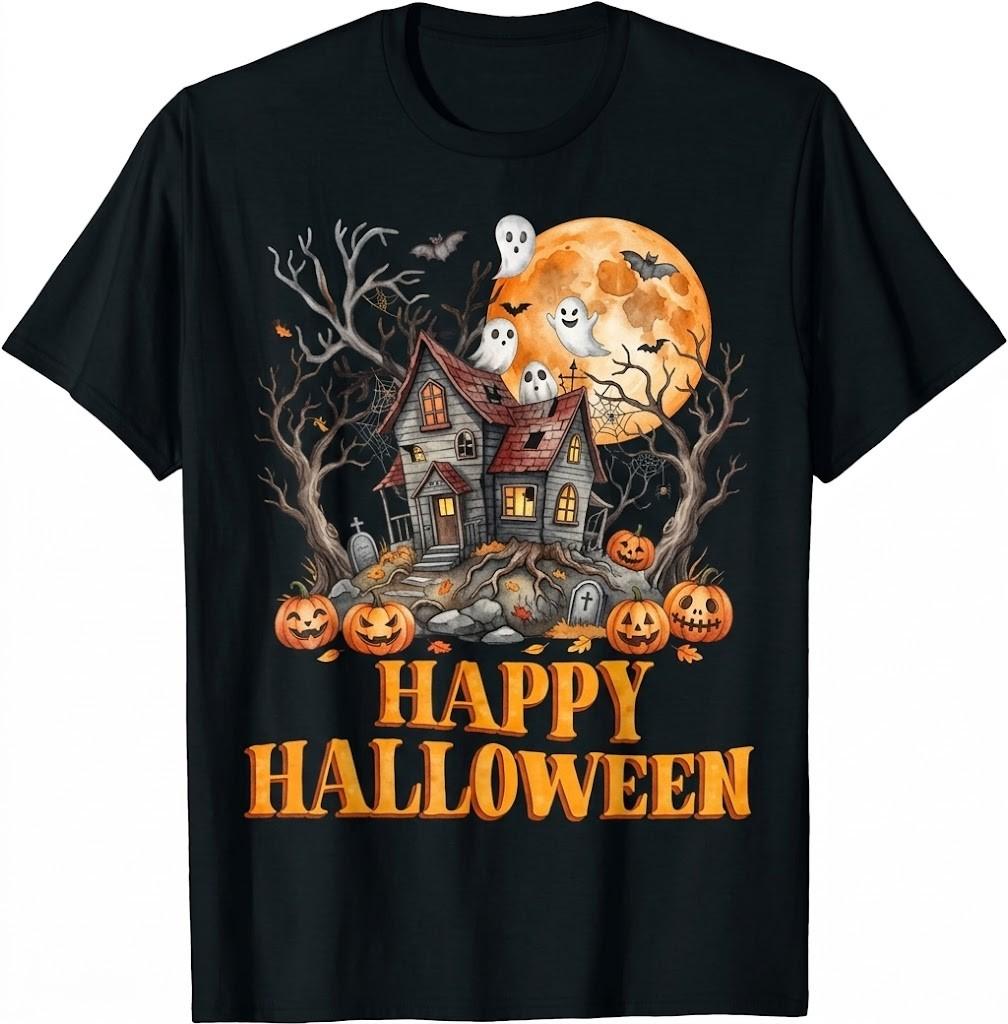 Fall Season Happy Halloween Haunted Houses Spiders Bats T-Shirt