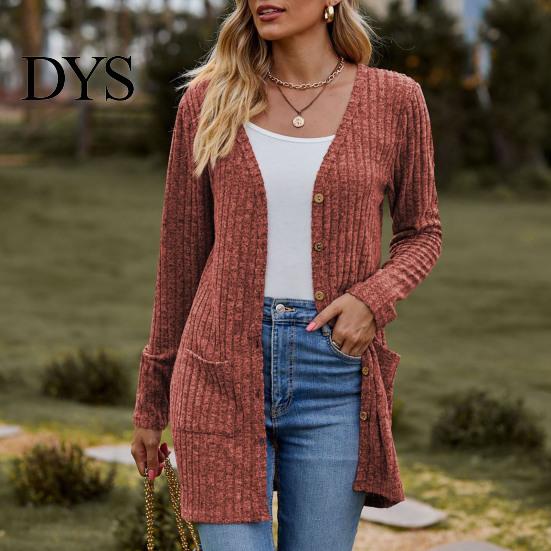 Women Knitwear Fall Long Cardigan Sweater, V Neck Button Front Knit Coat Coat, Sleeve Casual Sweater with Pockets Winter