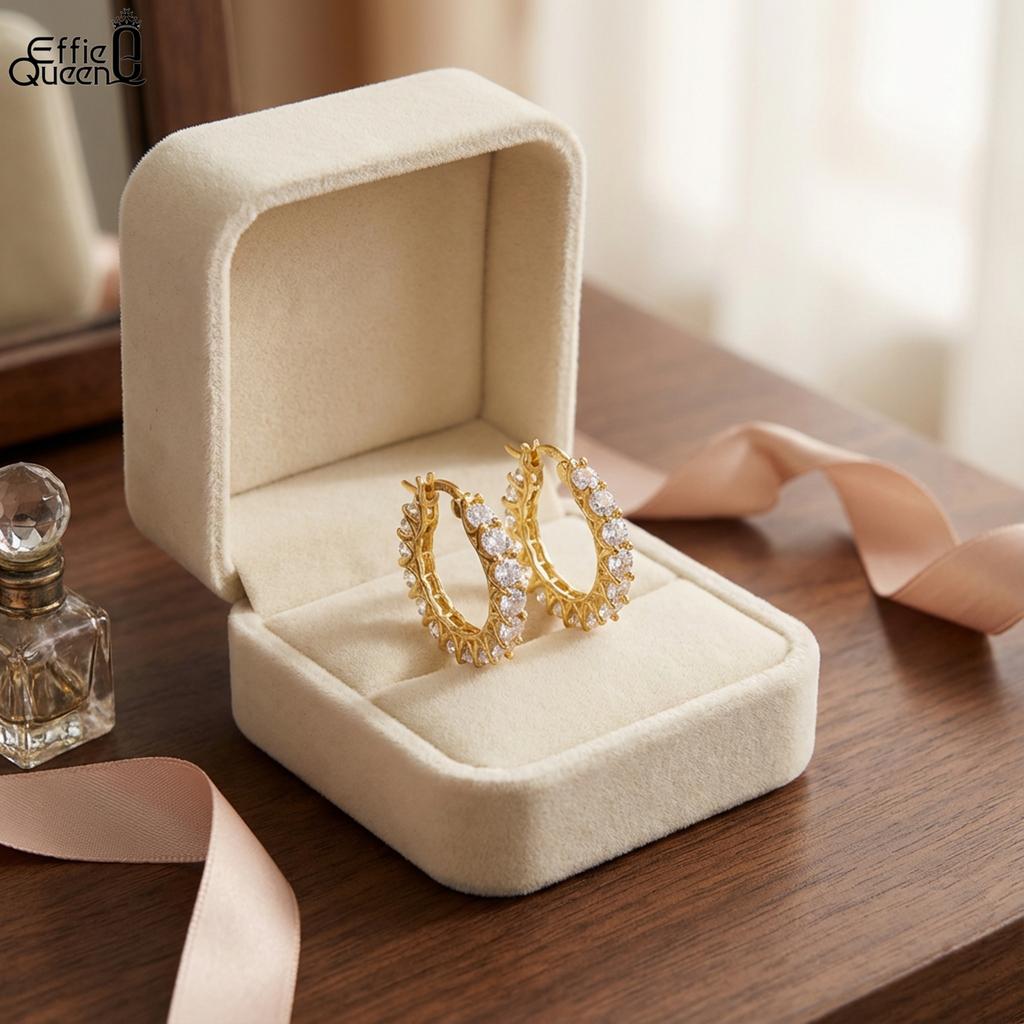 Effie Queen 925 Sterling Silber 14 Karat Gold Runde Zirkonia Creolen Einfacher Schmuck für Damen Hochzeitsfeier Bankett Geschenk SE393