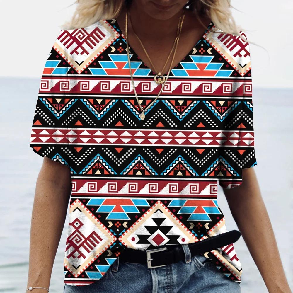 Retro Ethnic Style 3D Digital Printed Women's Fashionable V-neck Short Sleeved T-shirt