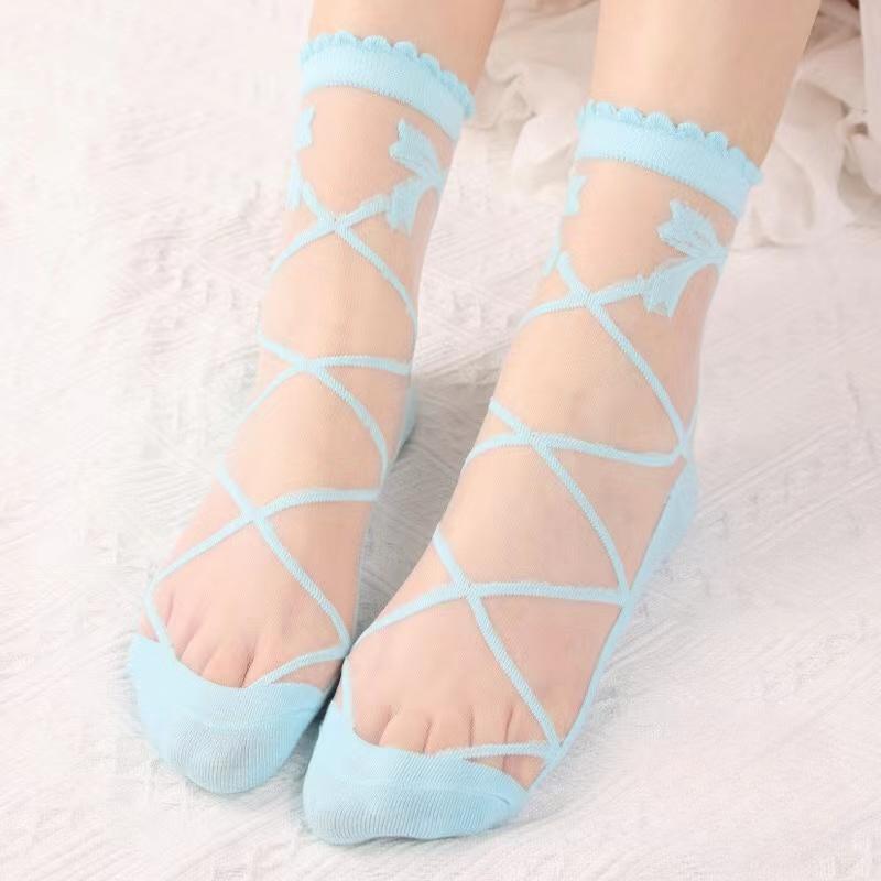 Women Sheer Mesh Glass Transparent Ankle Socks Lady Fashion Bowknot Knit Frill Trim Girls Spring Summer Short Socks
