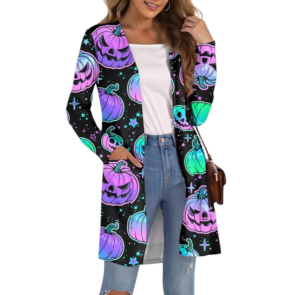 Women's Fashion Casual Comfortable Halloween Printed Mid-Length Cardigan With Pockets Jacket