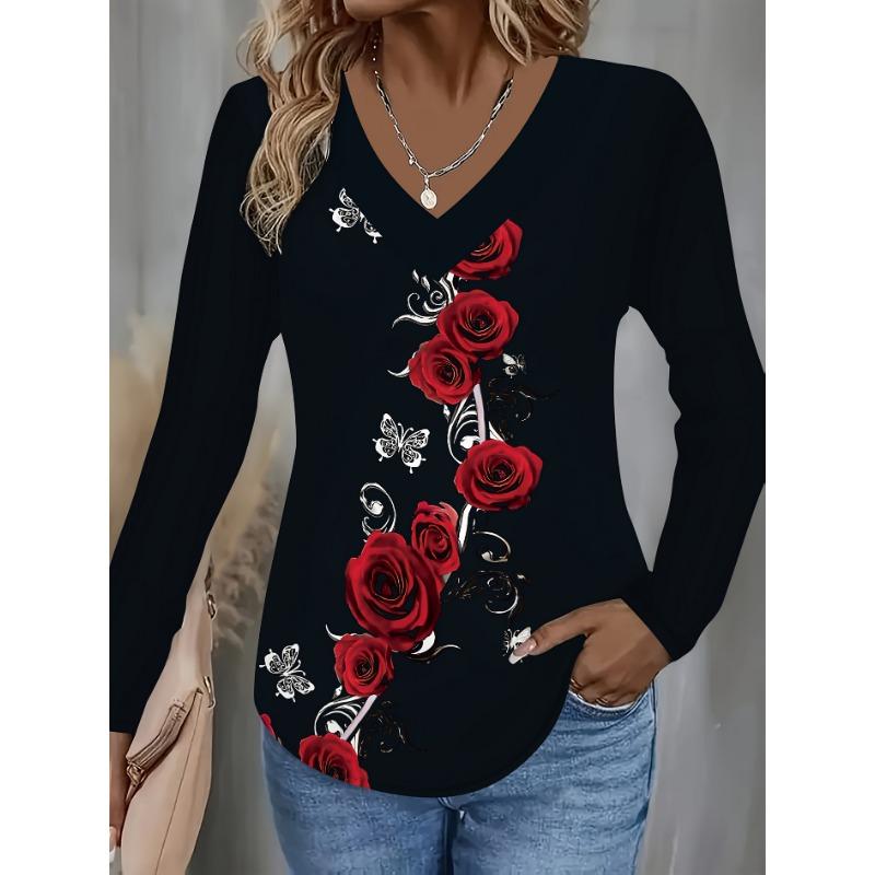 Women's Basic V-Neck Long Sleeve Elegant Flower Printed Polyester Relaxed Fit Tees Shirt Spring Autumn Comfort Tops