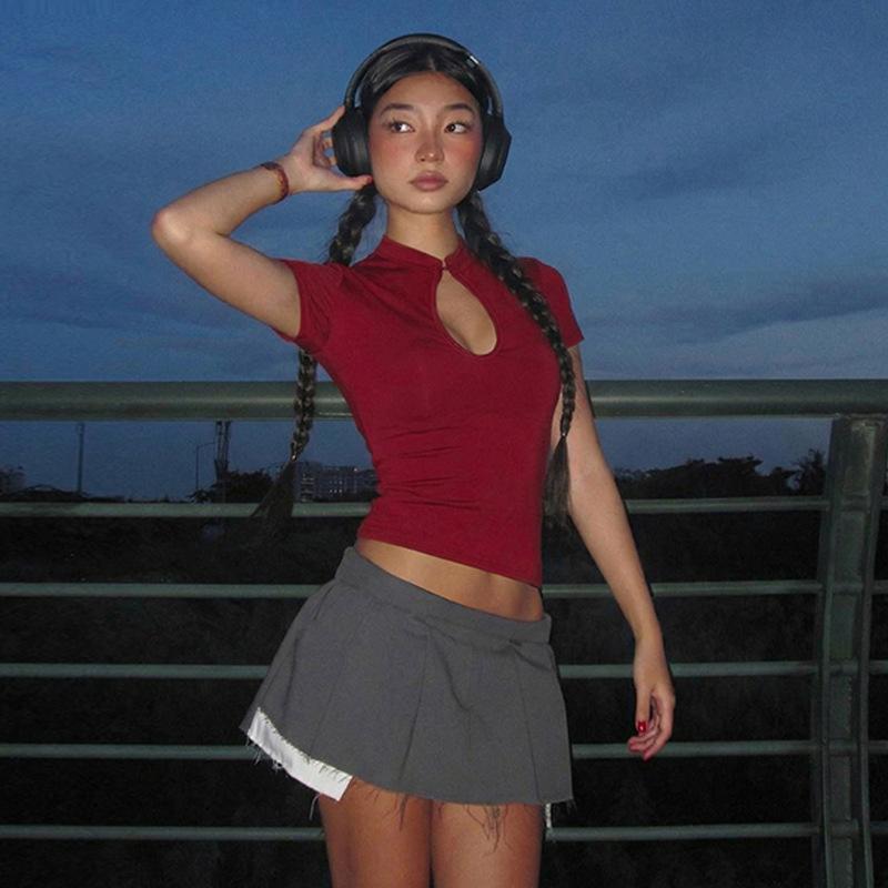 American Fashion Stand Collar Button Hollow Out T-shirt for Women 2026 Sexy Short Sleeve Slim Cropped T Shirts Black Wine Red Tops