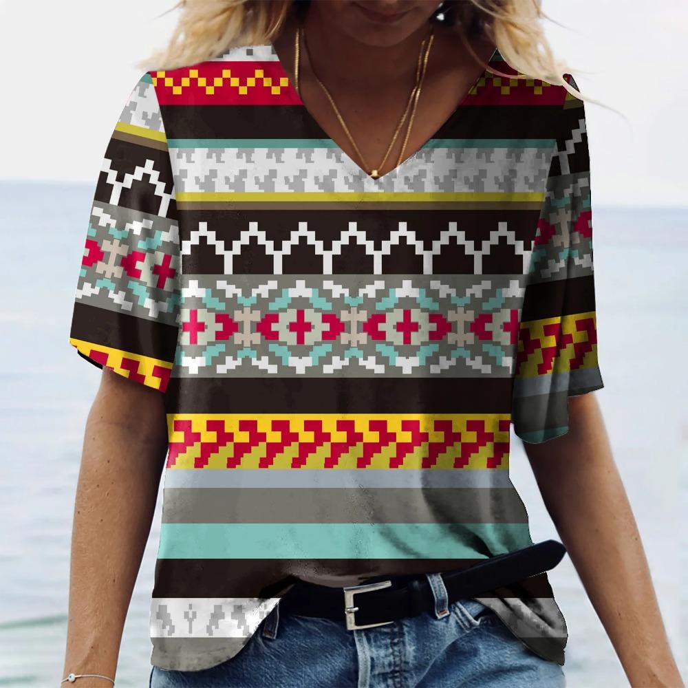 Retro Ethnic Style 3D Digital Printed Women's Fashionable V-neck Short Sleeved T-shirt