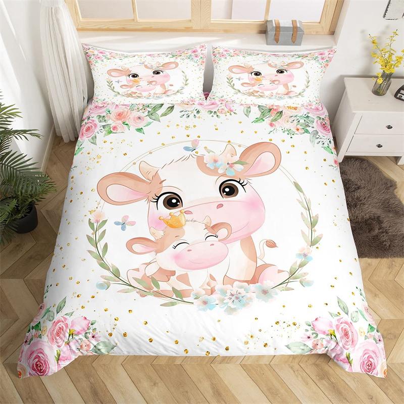 Cute Milk Cow Bedding Set King Cartoon Animal Duvet Cover Botanical Floral Comforter Cover Microfiber Farmhouse Bedspread Cover