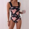 Womens Swimsuit Square Neck Wide Strap Floral Print Ruched Front Tummy Control Swimwear Bathing Suit