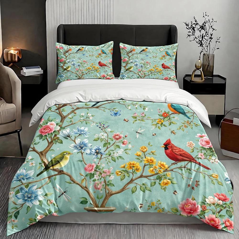 3Pc European Style Floral Bird Duvet Cover Set Double Bed - Machine Washable Invisible Zipper Bedding with 2 Pillowcases, Vintage