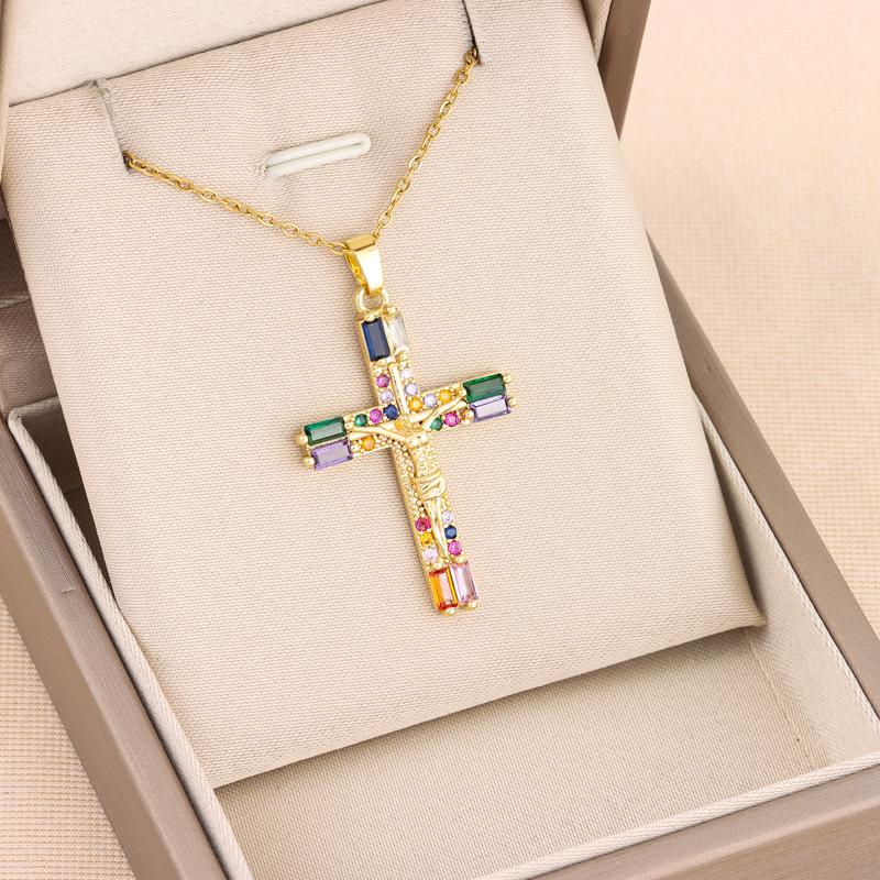 New Bohemia Retro Colorful Zircon Crystal Jesus Cross Pendant Necklaces For Women Vintage Punk Style Female Neck Chain Jewelry