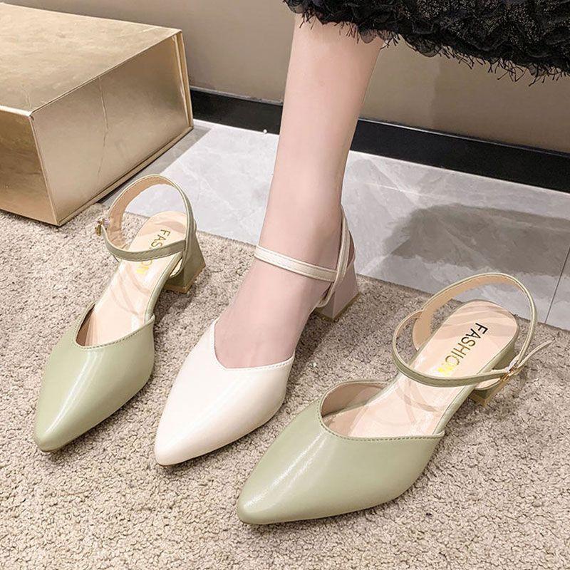 Baotou sandals women's thick heel 2025 new simple word with buckle empty beige with skirt summer single shoes women