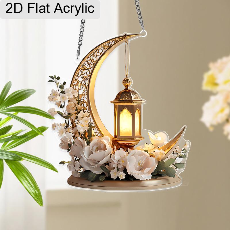 Acrylic Ramadan Crescent Moon Floral Lantern Suncatcher Stained Glass Effect Window Hanging Ornament Muslim Holiday Gifts