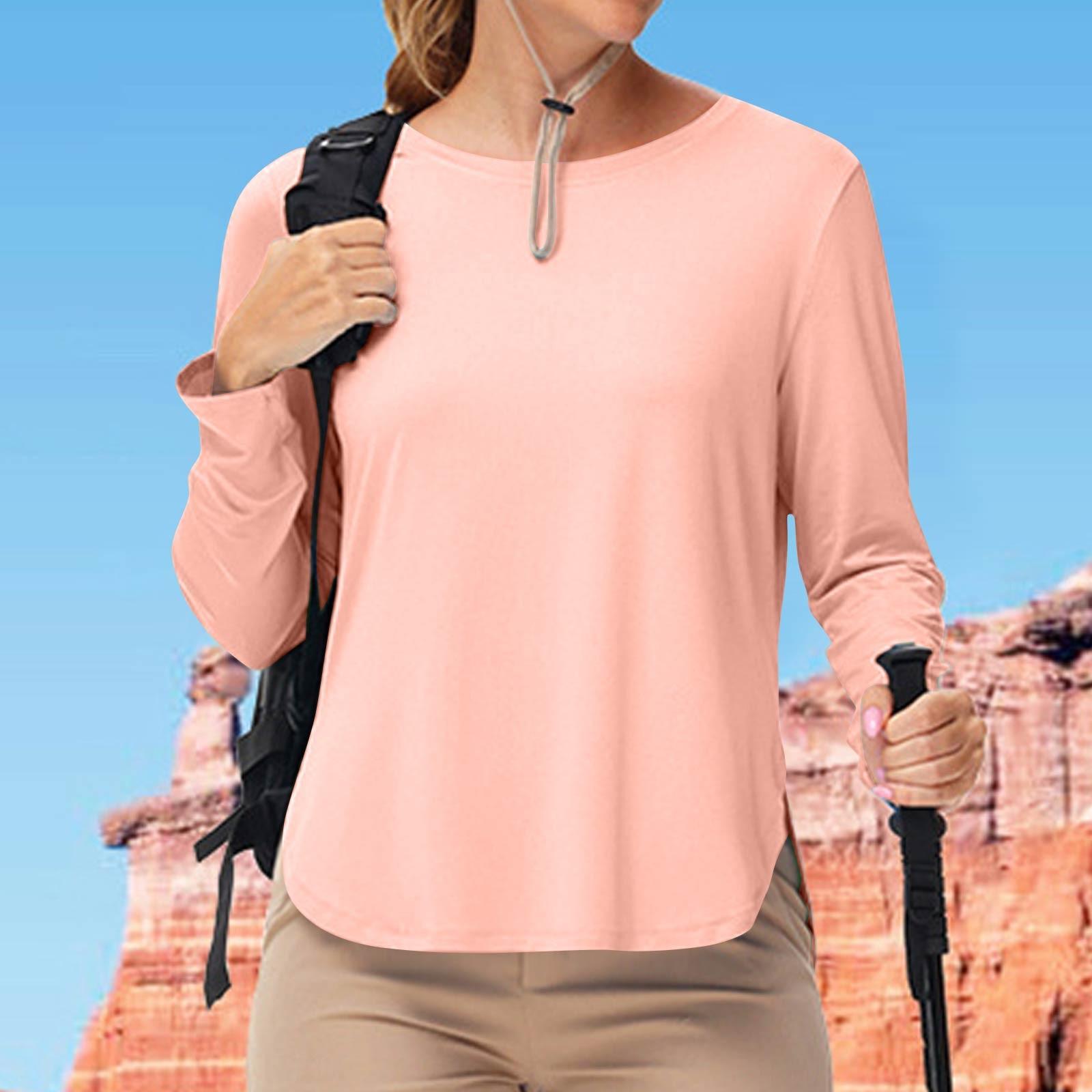 Women s Outdoor Round Neck Long Sleeve Sun Protective Clothes Wide Airy Casual Tops Sports Tops M розовый